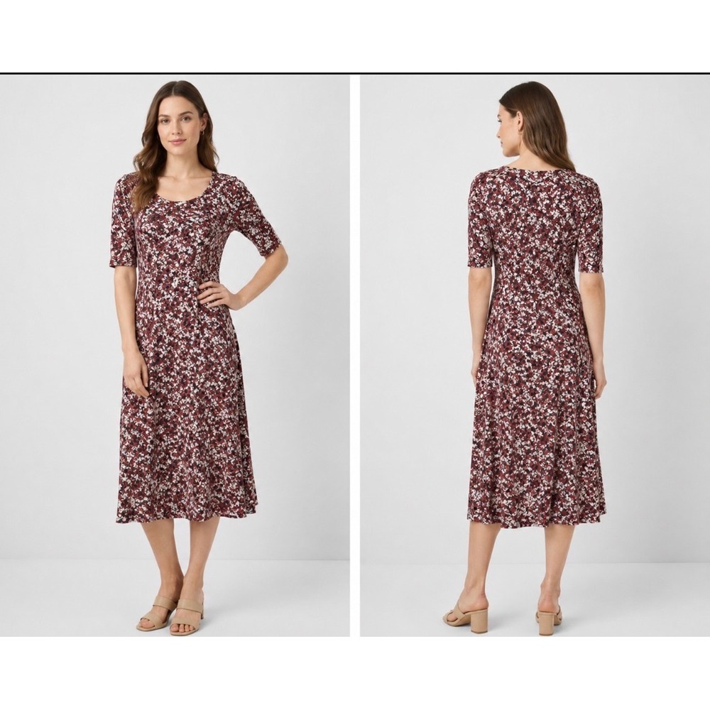 Garnet Hill Womens Large Midi Dress Rust Floral Faux Side‎ Tie 3/4 Sleeve boho